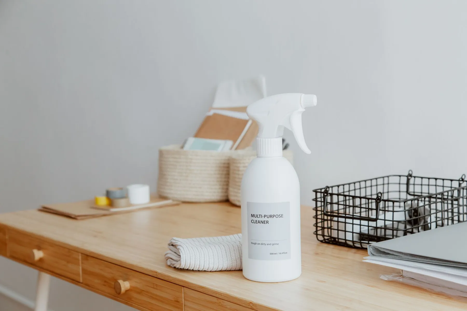 Eco cleaning supplies on a desk