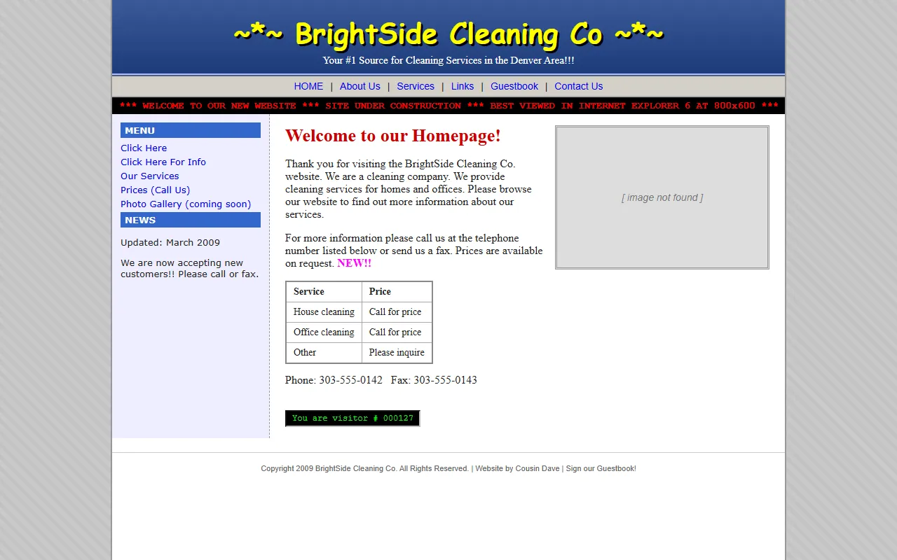 An outdated 2009-style website for a cleaning company